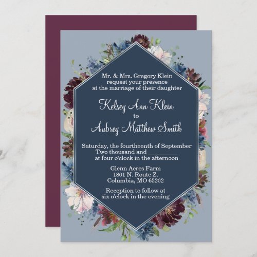 Blue  Burgundy Geometric Floral Invitation