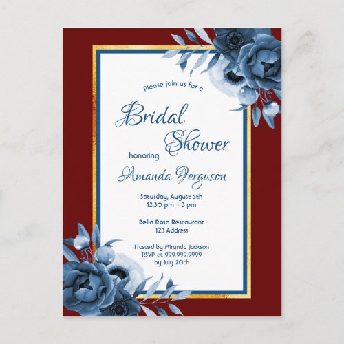 Blue burgundy gold bridal shower invitation postcard