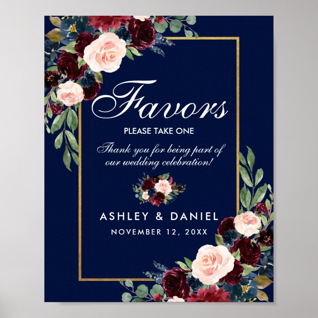 Blue Burgundy Gold Floral Wedding Favors Poster (Front)