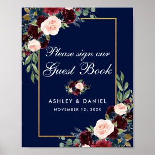 Blue Burgundy Gold Floral Wedding Guest Book