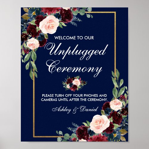 Blue Burgundy Gold Floral Wedding Unplugged Poster