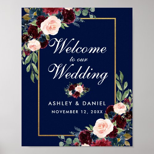 Blue Burgundy Gold Floral Wedding Welcome Poster