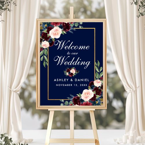 Blue Burgundy Gold Floral Wedding Welcome Poster