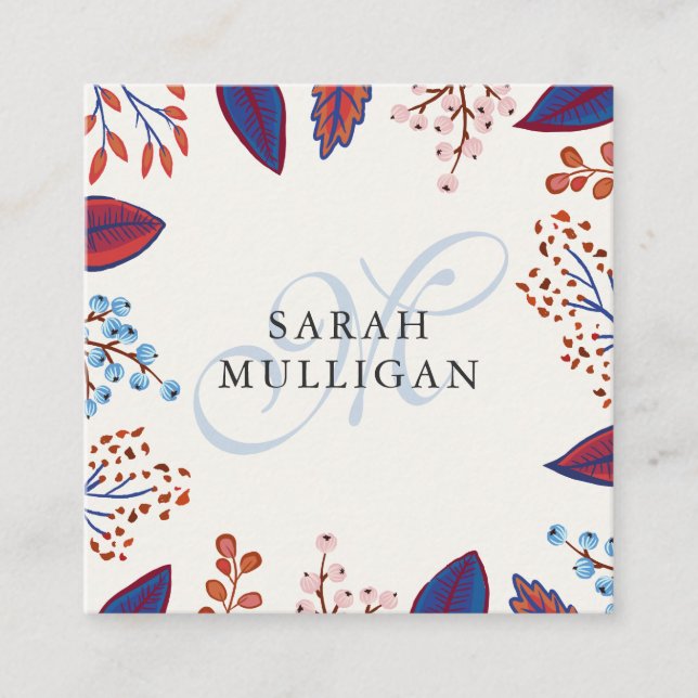 Blue & Burgundy Leaves Monogram Square Business Card (Front)