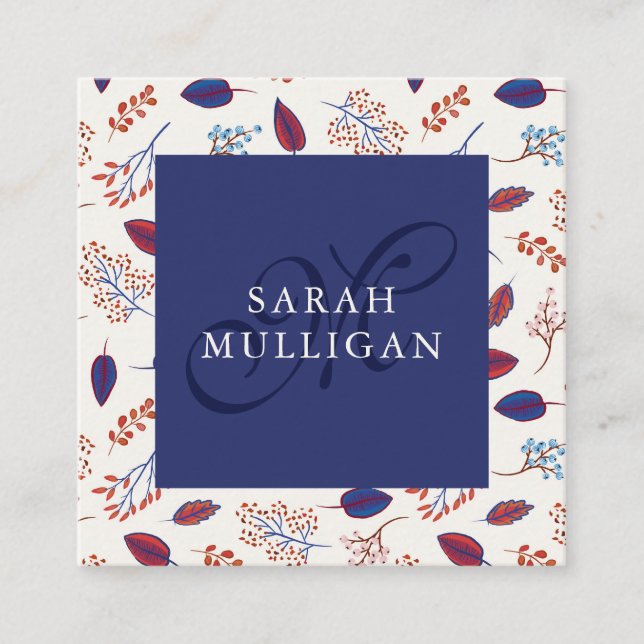 Blue & Burgundy Leaves Pattern - Monogram Square Business Card (Front)
