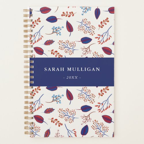 Blue  Burgundy Nature Leaves Pattern Planner