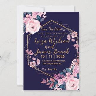 Blue Burgundy Navy Gold Blush Pink Wedding Invitation