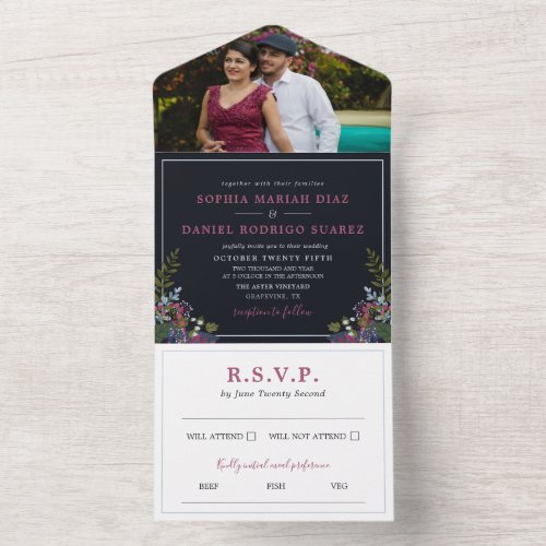 Blue Burgundy Olive Leaves Photo Wedding All In One Invitation