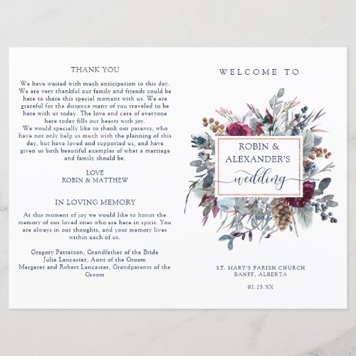 Blue Burgundy Purple Floral Folded Wedding Program