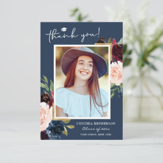 Blue Burgundy Red Blush Floral Graduation Photo Thank You Card