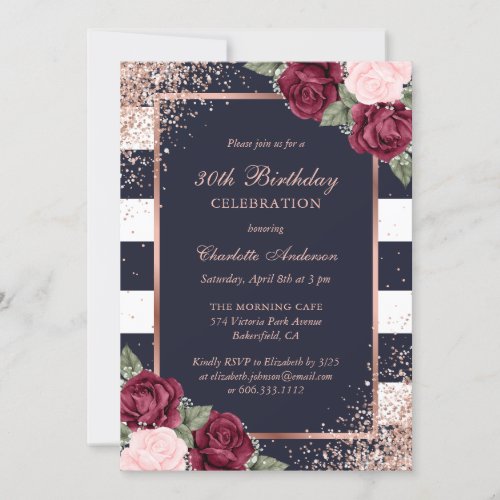 Blue Burgundy Rose Gold Floral 30th Birthday Invitation