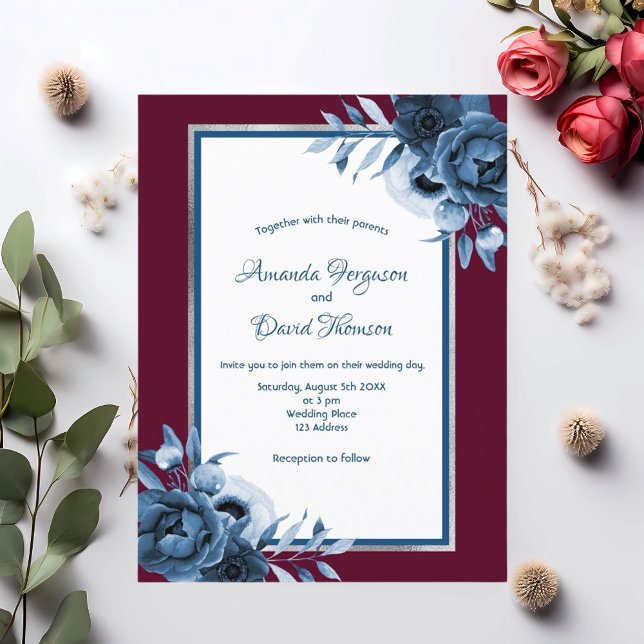 Blue burgundy silver florals wedding invitation postcard (Creator Uploaded)