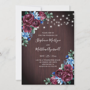 Blue Burgundy String Lights Floral Wood Wedding Invitation