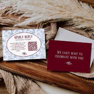 Blue Burgundy Vintage Toile QR Code Wedding RSVP Card