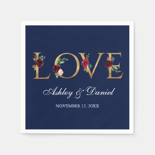 Blue Burgundy Watercolor Floral Gold Love Wedding Napkins