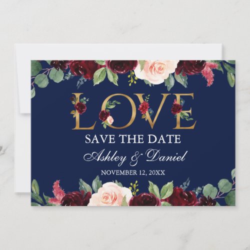 Blue Burgundy Watercolor Floral Love Save The Date