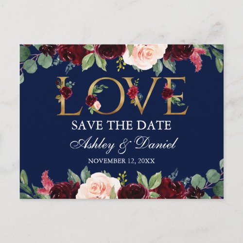 Blue Burgundy Watercolor Floral Love Save The Date Announcement Postcard