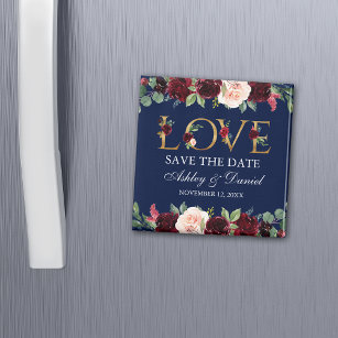 Blue Burgundy Watercolor Floral Love Save The Date Magnet