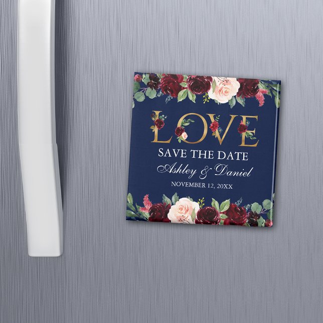 Blue Burgundy Watercolor Floral Love Save The Date Magnet (Customize to change your personalized text size, text style or background color.)