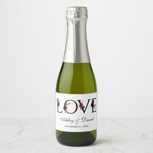 Blue Burgundy Watercolor Floral Love Wedding Mini Sparkling Wine Label