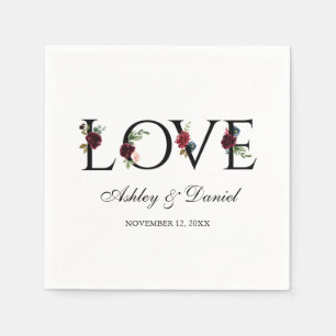 Blue Burgundy Watercolor Floral Love Wedding Napkins