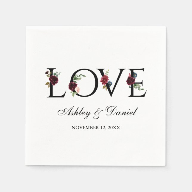 Blue Burgundy Watercolor Floral Love Wedding Napkins (Front)
