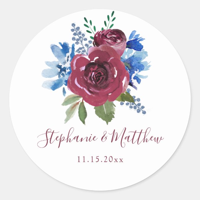 Blue Burgundy Watercolor Floral Wedding Classic Round Sticker (Front)