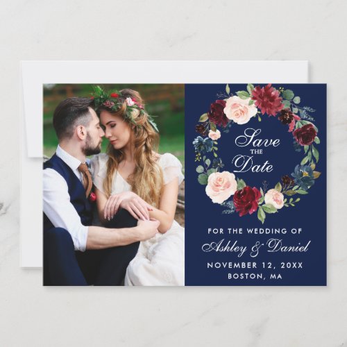 Blue Burgundy Watercolor Floral Wreath Wedding Save The Date
