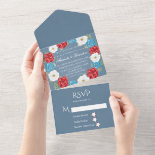 Blue Burgundy White Watercolor Peony Wedding All In One Invitation