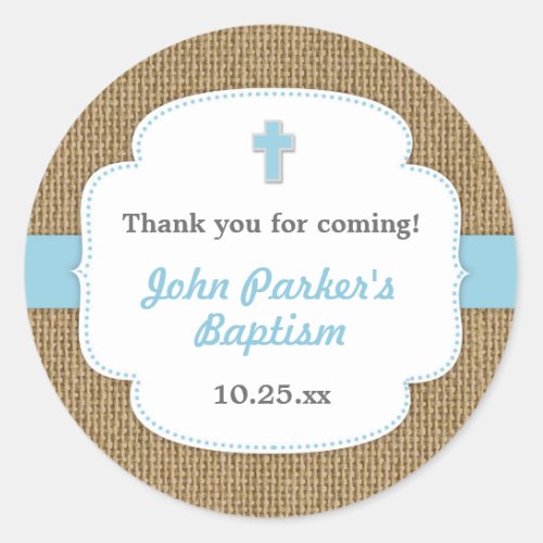 Blue Burlap cross boy baptism christening favor Classic Round Sticker