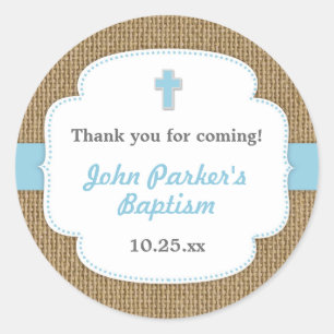 Blue Burlap cross boy baptism christening favor Classic Round Sticker