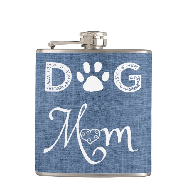 Blue Burlap Dog Mom Flask (Front)