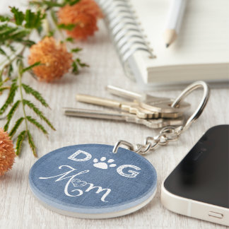 Blue Burlap Dog Mom Keychain