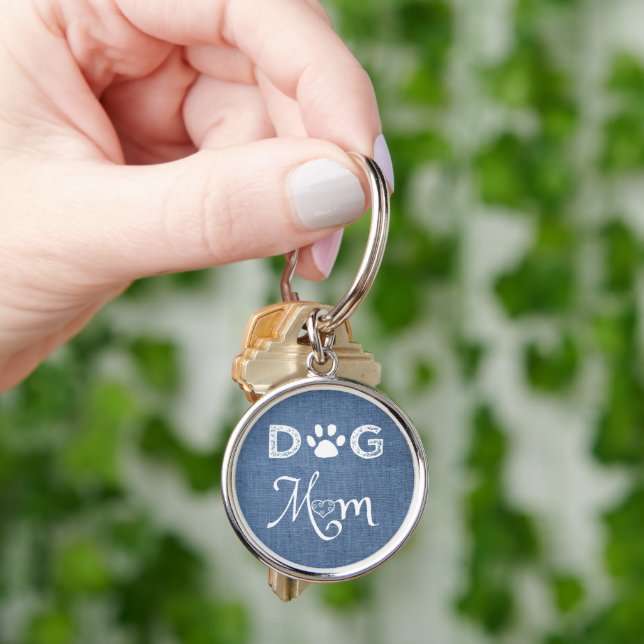 Blue Burlap Dog Mom Metal Keychain (Hand)