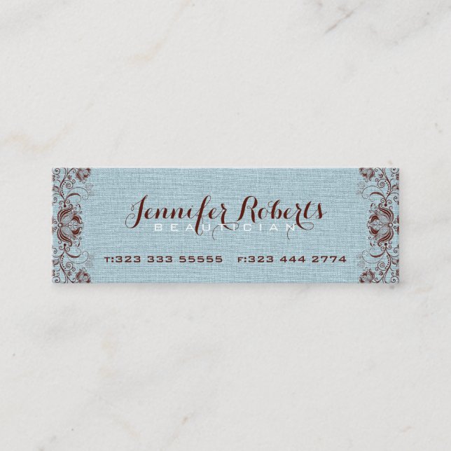 Blue Burlap Linen & Brown Floral & Lace Mini Business Card (Front)