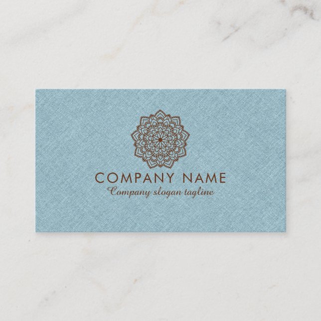 Blue Burlap Linen With Brown Mandala Business Card (Front)