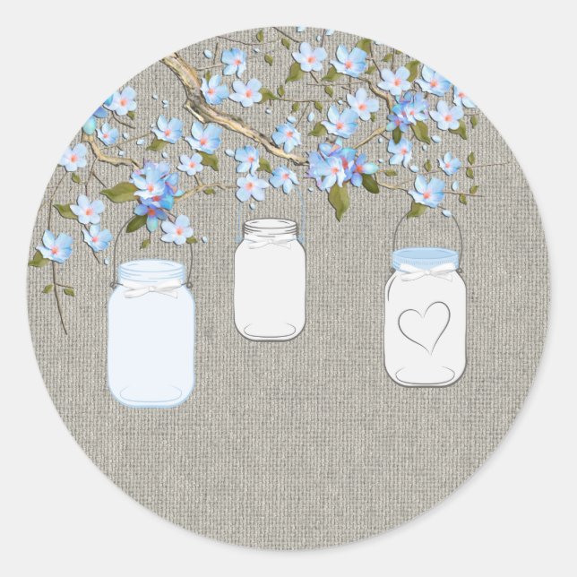 Blue Burlap Mason Jar Classic Round Sticker (Front)