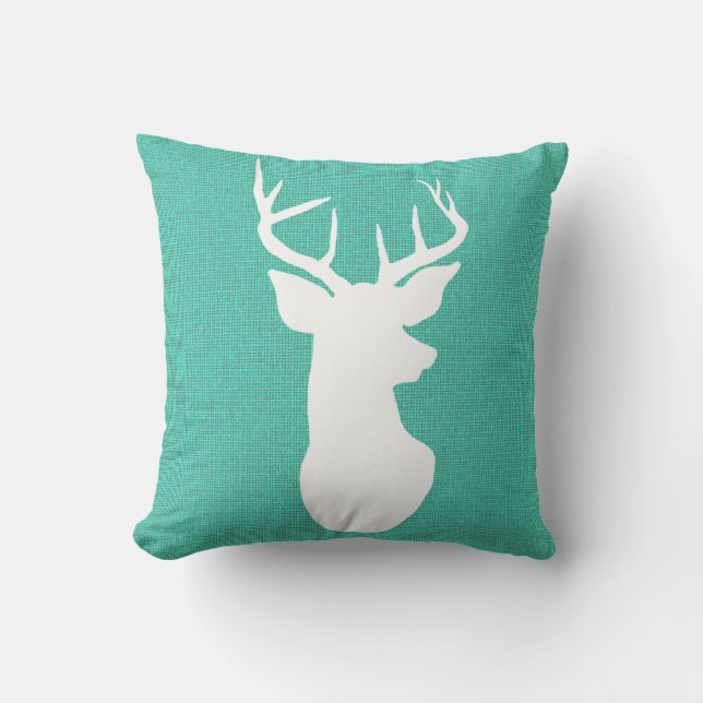 Blue Burlap Rustic Antler Deer Country Throw Pillow (Front)