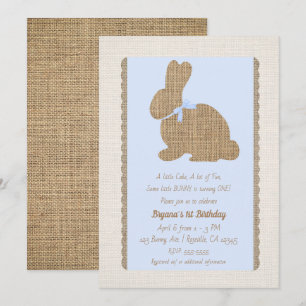 Blue & Burlap Rustic Bunny Easter 1st Birthday Invitation