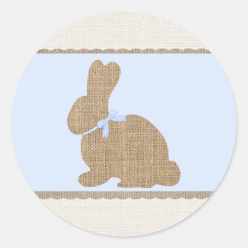 Blue  Burlap Rustic Bunny Easter Baby Shower Classic Round Sticker