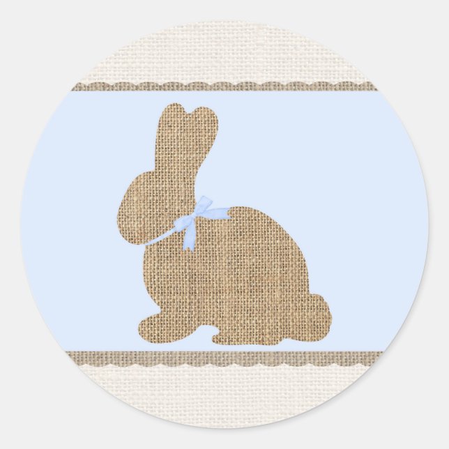 Blue & Burlap Rustic Bunny Easter Baby Shower Classic Round Sticker (Front)