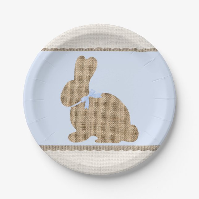 Blue & Burlap Rustic Bunny Easter Baby Shower Paper Plates (Front)