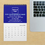 Blue Business Brand on Calendar<br><div class="desc">Blue color business branding on customizable calendar. Customize it by uploading your business logo, typing your business name, address, phone number, e-mail and website. You can include it in your promotional products, giveaway items or gifts to your customers or clients, a marketing strategy to advertise your business or to promote...</div>