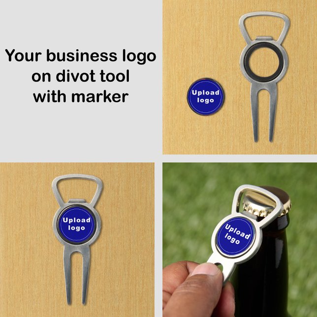Blue Business Brand on Divot Tool With Marker (Your business logo on blue background on divot tool bottle opener with marker.)