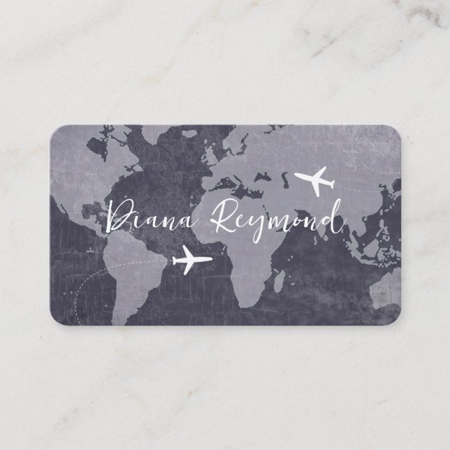 Blue Business Cards  with World Map and Planes (Front)