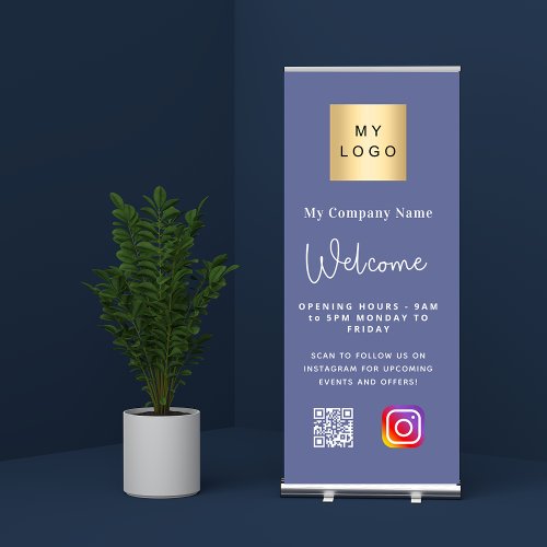 Blue business logo opening hours QR Instagram Retractable Banner