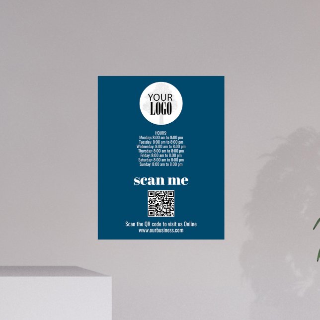 Blue Business Simple Logo Qr Code Photo Print (Simple blue business sign with hours template, logo, and QR Code. )
