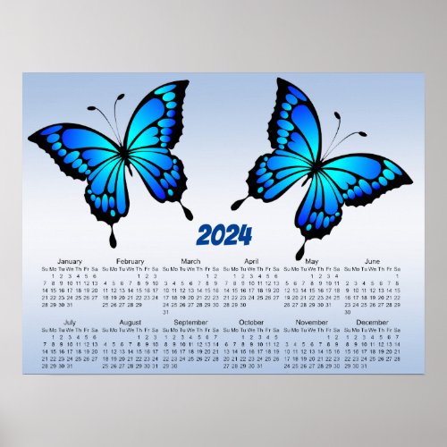 Blue Butterflies 2024 Calendar Poster