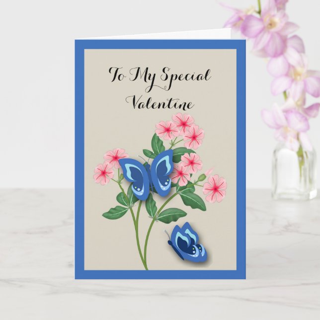 Blue Butterflies among Flowers Valentine Card (Orchid)