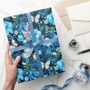 Blue Butterflies and Blue Floral Wrapping Paper